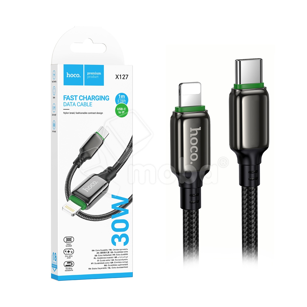 Кабель Type-C - Lightning Hoco X127 (3A, 30W, PD, оплетка нейлон) Черный