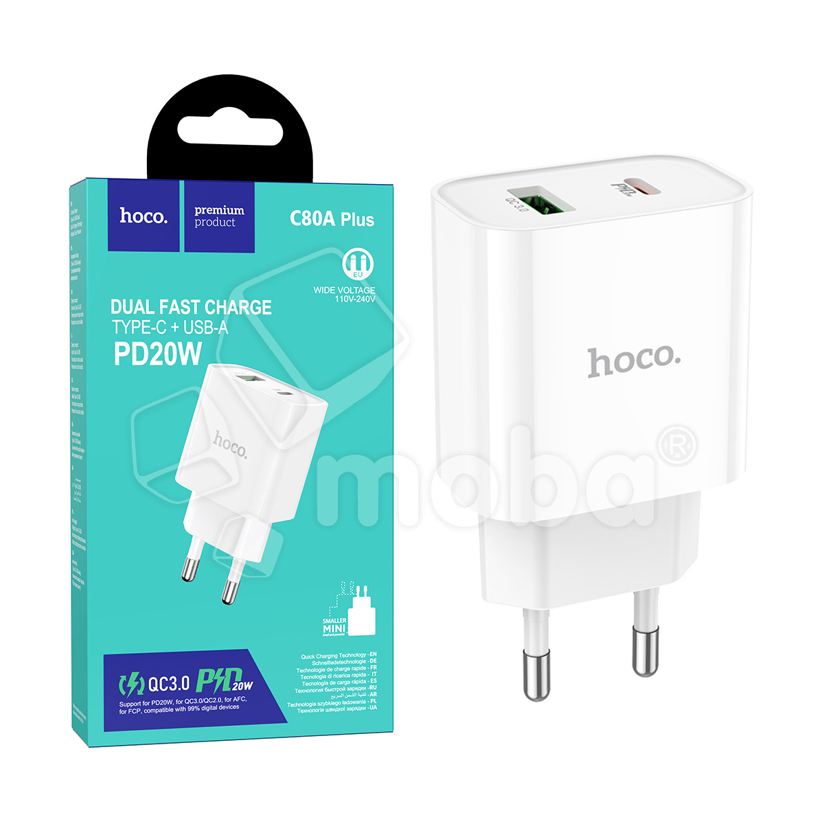 Сетевое зарядное устройство USB/Type-C Hoco C80A Plus (20W, QC3.0, PD, 2 порта) Белый