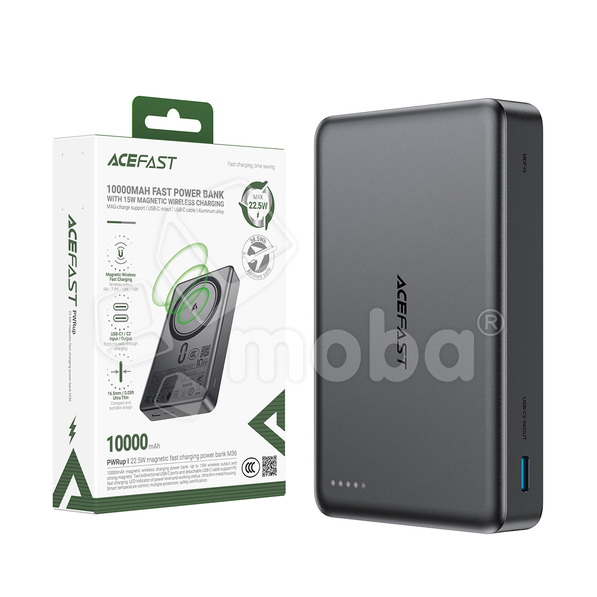 Внешний Аккумулятор (Power Bank) Acefast M36 10000 mAh (22.5W, PD, MagSafe 15W, Type-C, кабель Type-C, LED дисплей) Серый
