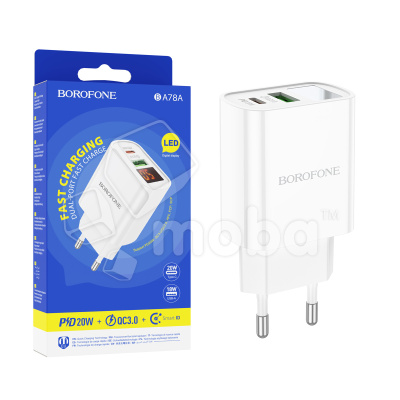 Сетевое зарядное устройство USB/Type-C Borofone BA78A (20W, QC3.0, PD, LED) Белый