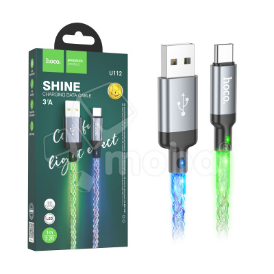 Кабель USB - Type-C Hoco U112 (3A, прозрачный светящийся) Серый